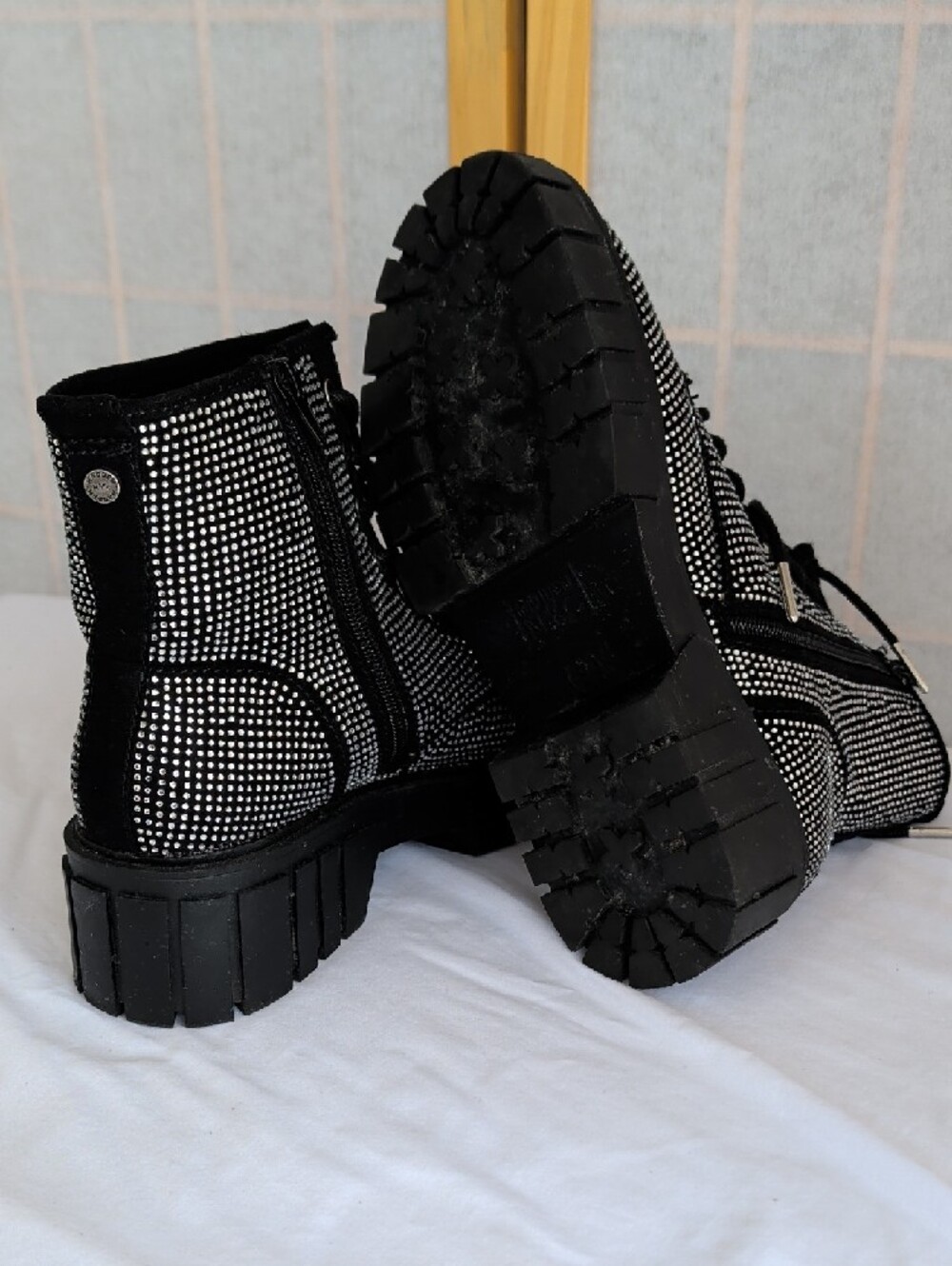 Madden NYC Black Rhinestone Lace-Up Combat Booties with Chunky Lug Sole - Picture 6 of 6